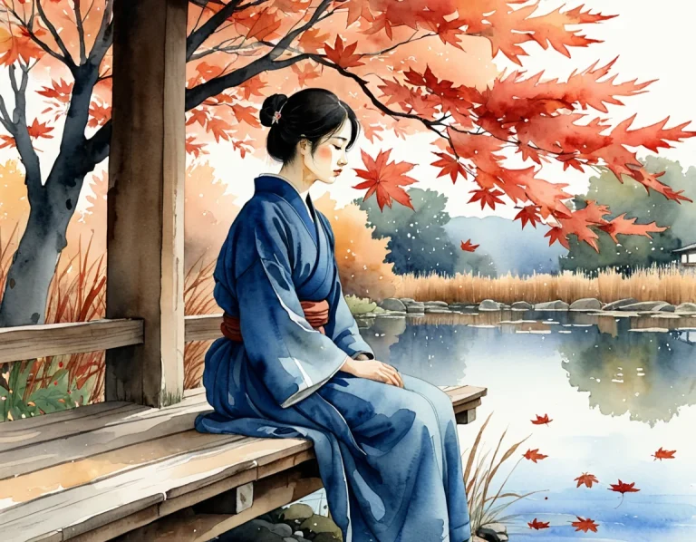 夕暮れの池に散る紅葉を、一人で眺める場面
